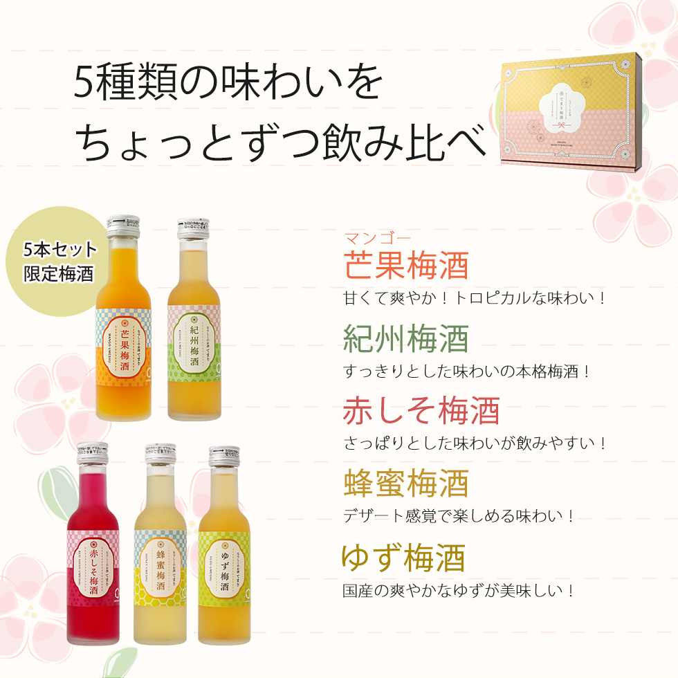 6種類の梅酒をちょっとずつ飲み比べできるセット。紀州梅酒、赤しそ梅酒、蜂蜜梅酒、緑茶梅酒、ゆず梅酒、みかん梅酒が含まれ、それぞれの特徴が紹介されています。