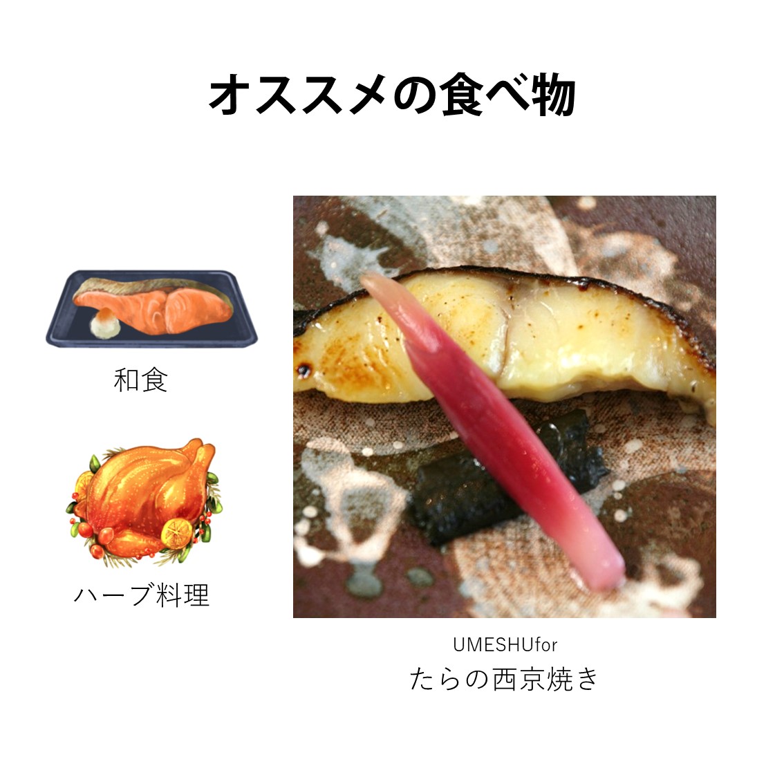 こたらの西京焼きが梅酒に合うオススメの食べ物として紹介されています。また、和食やハーブ料理も合わせやすい料理として提案されています。